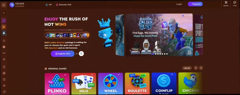 Celsius Casino 100% bonus et 150 tours gratuits